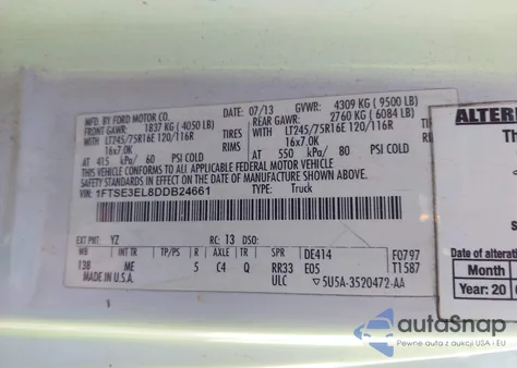 2013 Ford E-350 Super Duty Commercial from USA, damaged, VIN 1FTSE3EL8DDB24661